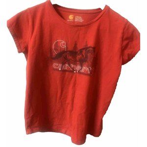 Carhartt Girls Horse Print T-Shirt Red Size 12 Short Sleeve Crew Neck Cotton L